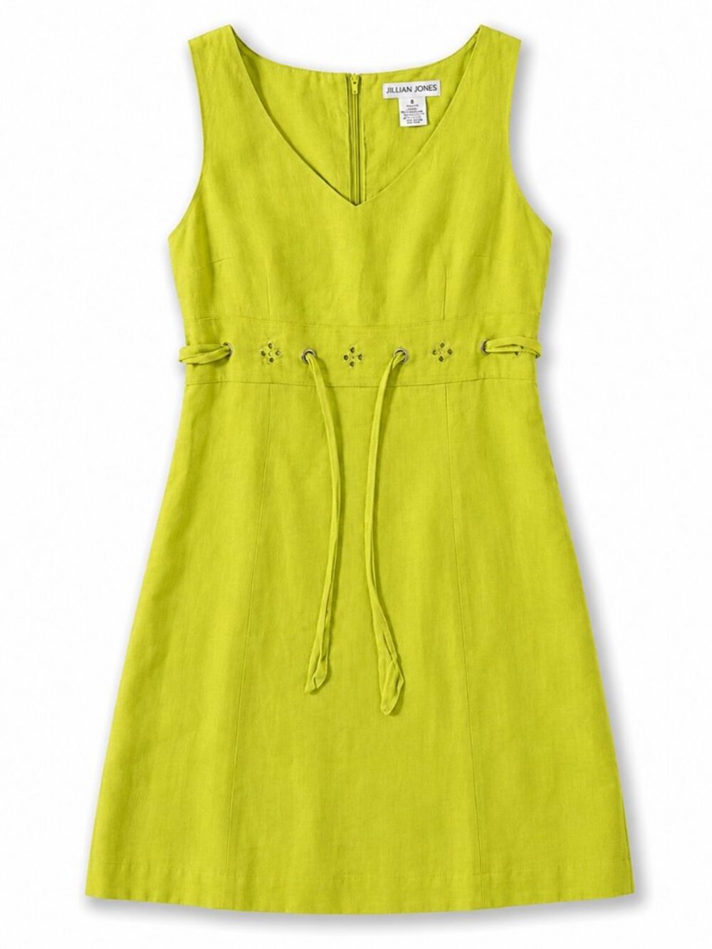 Jillian Jones 100% Linen Dress Size 8 Lime Green Sleeveless V Neck Tie Waist